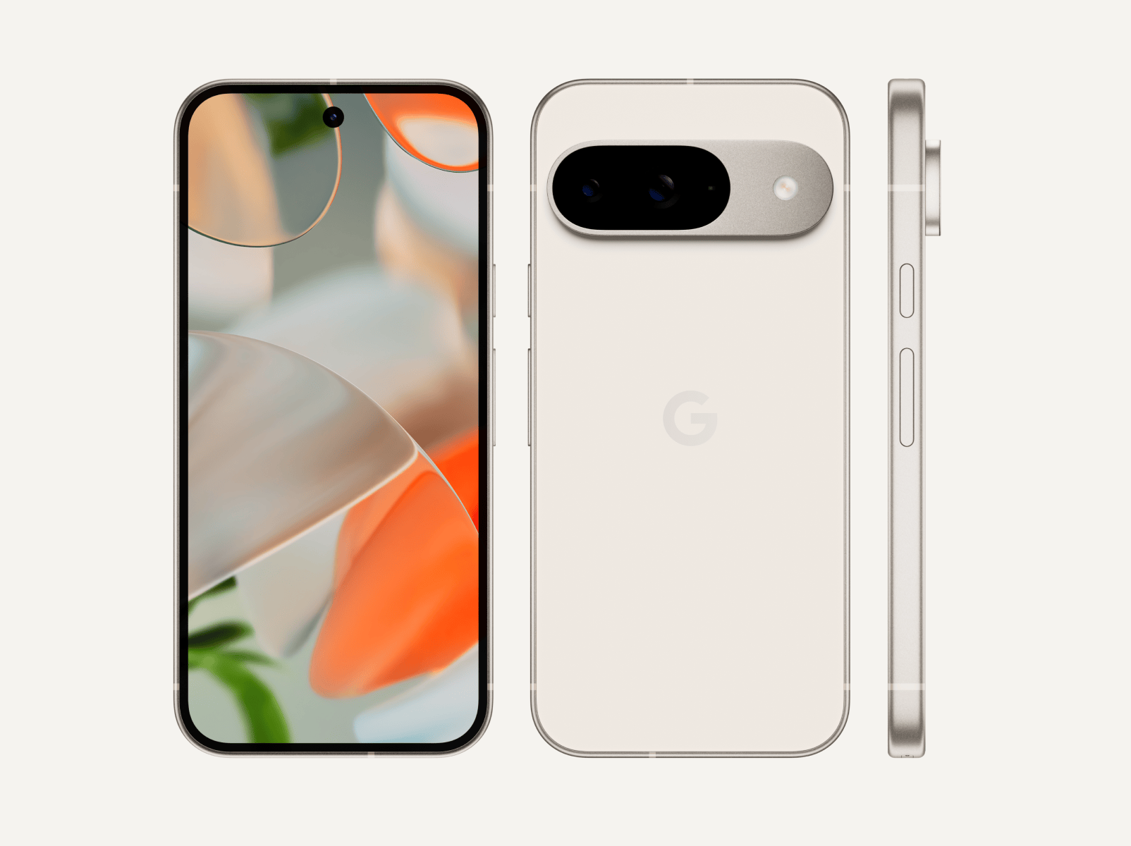 The front, back, and side of Pixel 9 in Porcelain color. The back shows off its upgraded camera bump, the front shows off its brilliant display, and the side shows off its satin-finish metal frame.