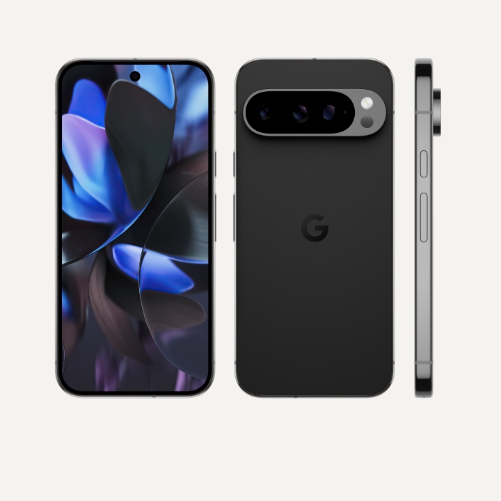 The front, back, and side of Pixel 9 Pro in Obsidian color. The back and side show off its upgraded camera bump, and the front shows off its brilliant display.