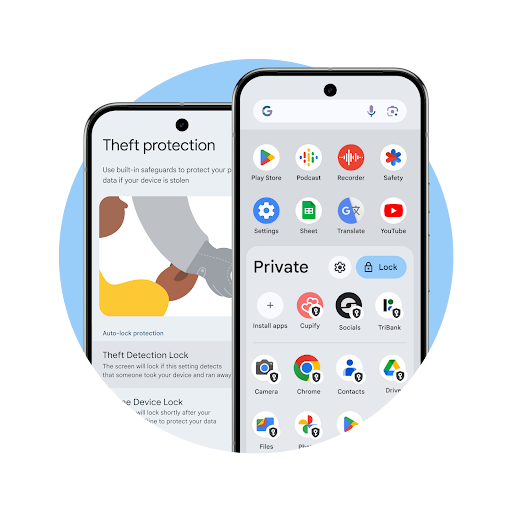 Deux téléphones Pixel côte à côte qui dépassent d'un cercle bleu, l'un affichant la protection contre le vol et l'autre affichant l'espace privé