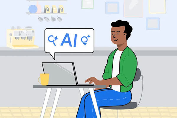 Illustration of a person sitting at a laptop with a call out box reading "AI"