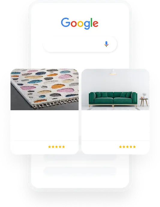 Illustrazione di un telefono che mostra una query di ricerca su Google per decorazione di interni che fa emergere due annunci Shopping pertinenti.