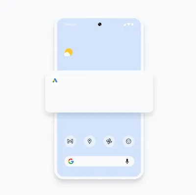 Ilustração de um smartphone que mostra uma notificação do app Google Ads para dispositivos móveis sobre uma mudança na pontuação de otimização.