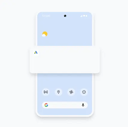 Ilustração de um smartphone que mostra uma notificação do app Google Ads para dispositivos móveis sobre uma mudança na pontuação de otimização.