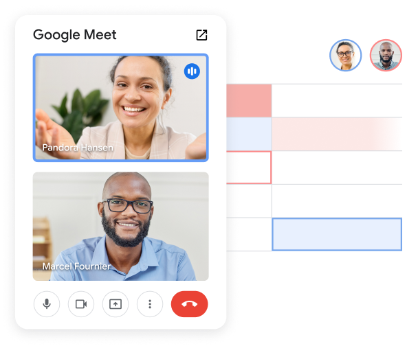 Dois membros da equipa numa chamada do Meet no Sheets