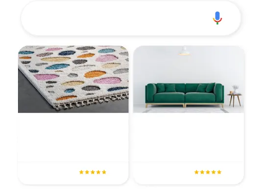 Tālruņa ilustrācijā redzams Google meklēšanas vaicājums “Home Decor” (interjera priekšmeti), kā rezultātā tiek rādītas divas atbilstošas pirkumu reklāmas.