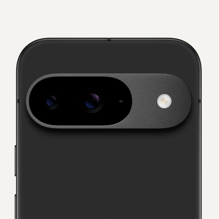 Close-up on the back of a Pixel 9 in Obsidian color.