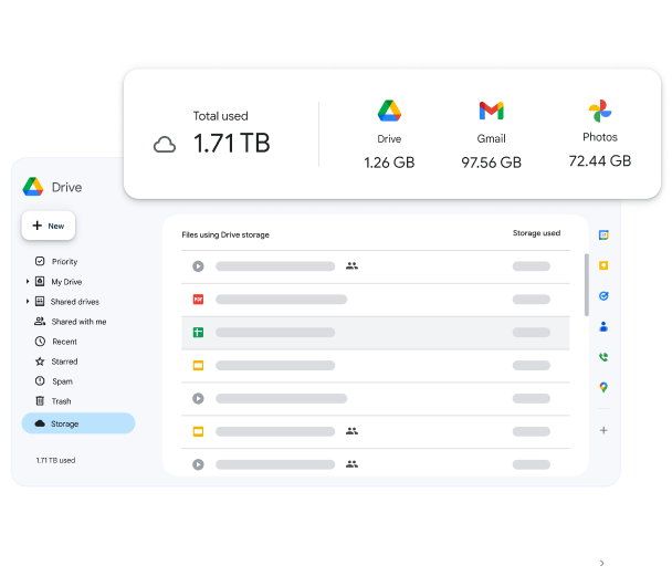 A stylised version of the Drive storage interface superimposed with storage data for Drive, Gmail and Photos.