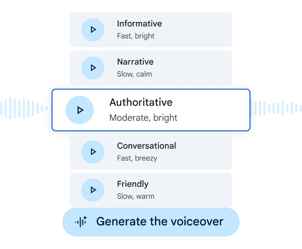 Gemini in Vids generating five different voice over tones and styles