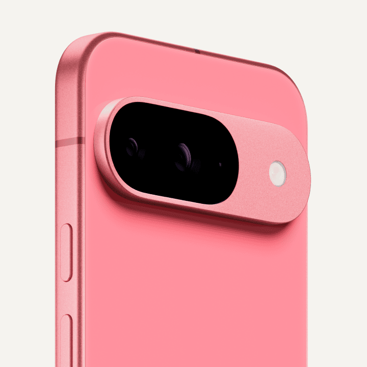 Angled close-up on the back of a Pixel 9 in Peony color.