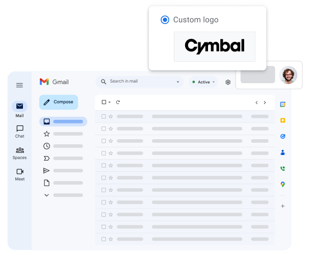 A stylized view of the Gmail interface highlighting the custom logo of the user’s company.