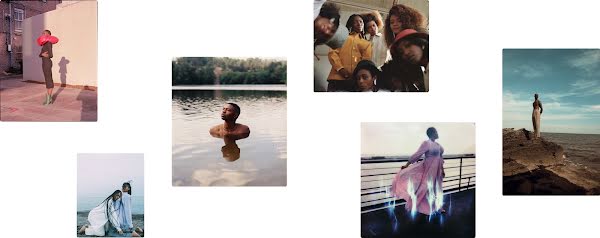 From left to right: Model wearing a black mid-length dress, green boots, and a red puffer scarf around their neck. Two models wearing white and light blue on the seashore. One is resting their head on the other's chest.   A model with the lower half of their body submerged in water. Seven models with seven different hairstyles look directly into the camera. A model in a pink flowy gown looks off to the left.  Model stands atop a giant brown rock on the seashore in khaki colored pants against a blue sky.