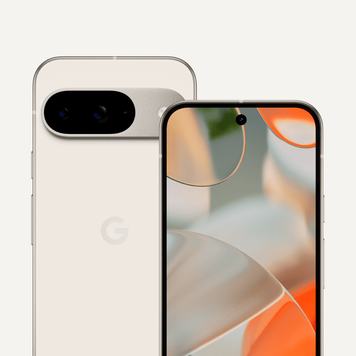 The front and back of Pixel 9 in Porcelain color. The back shows off its upgraded camera bump, while the front shows off its brilliant display.