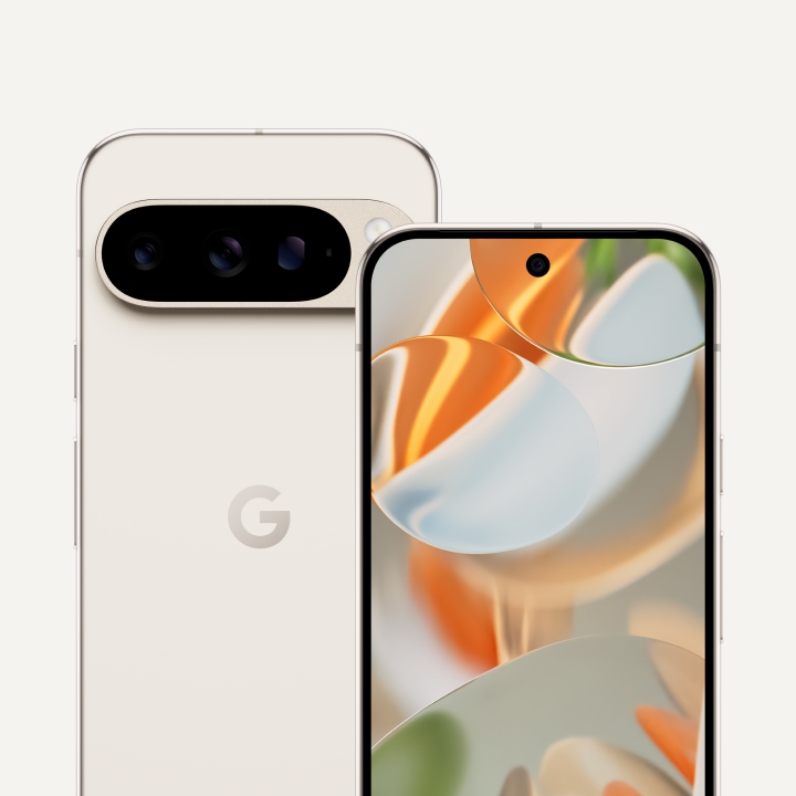 The front and back of Pixel 9 Pro in Porcelain color. The back shows off its upgraded camera bump, while the front shows off its brilliant display.