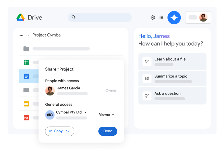 Dela projektfiler på Google Drive och utforska fler filåtgärder med Gemini
