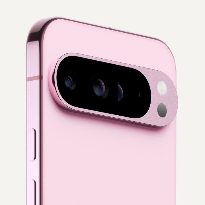 Angled close-up of the back of Pixel 9 Pro XL in Rose Quartz color.