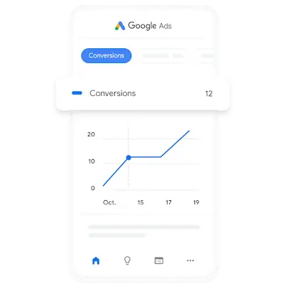 Illustration of a phone shows example of mobile app interface, showing conversions over time