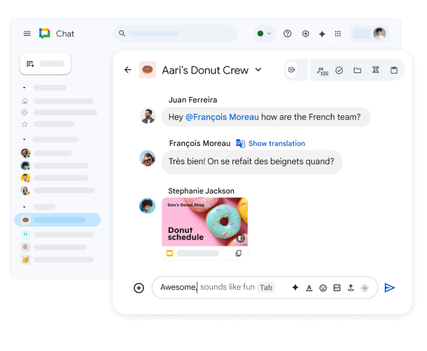 Um espaço do Google Chat intitulado "Dan's Donut Crew" a mostrar uma apresentação partilhada do Google Slides e uma mensagem em francês com uma opção para mostrar a tradução.