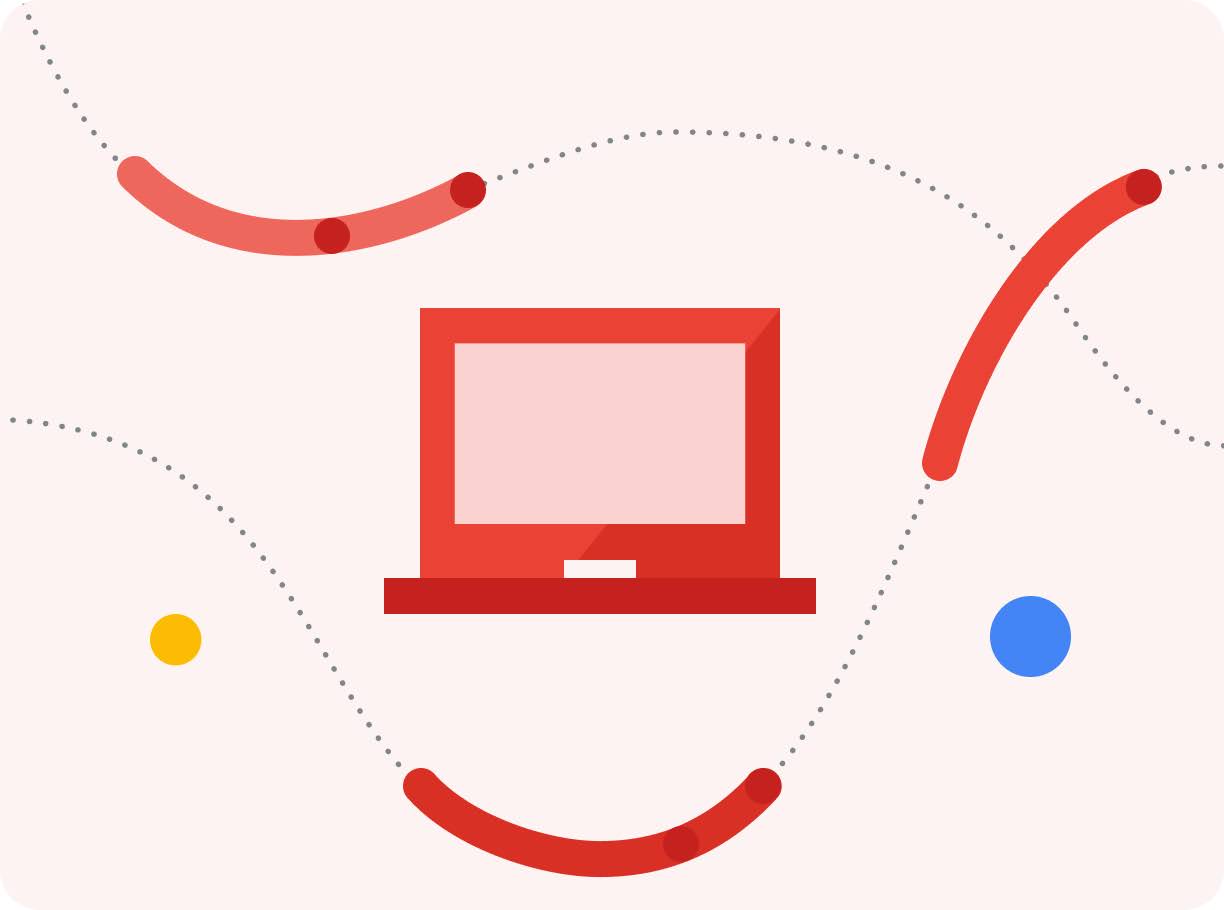 An abstract illustration of a laptop UI, surrounded by ribbons that represent AI.