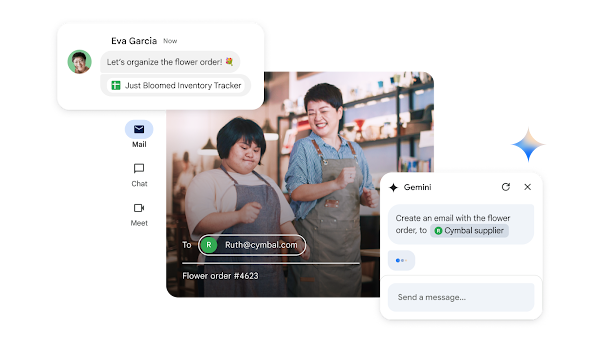 Två anställda använder Gemini för att skapa ett e-postmeddelande utifrån ett kalkylark med företagets lageruppgifter.