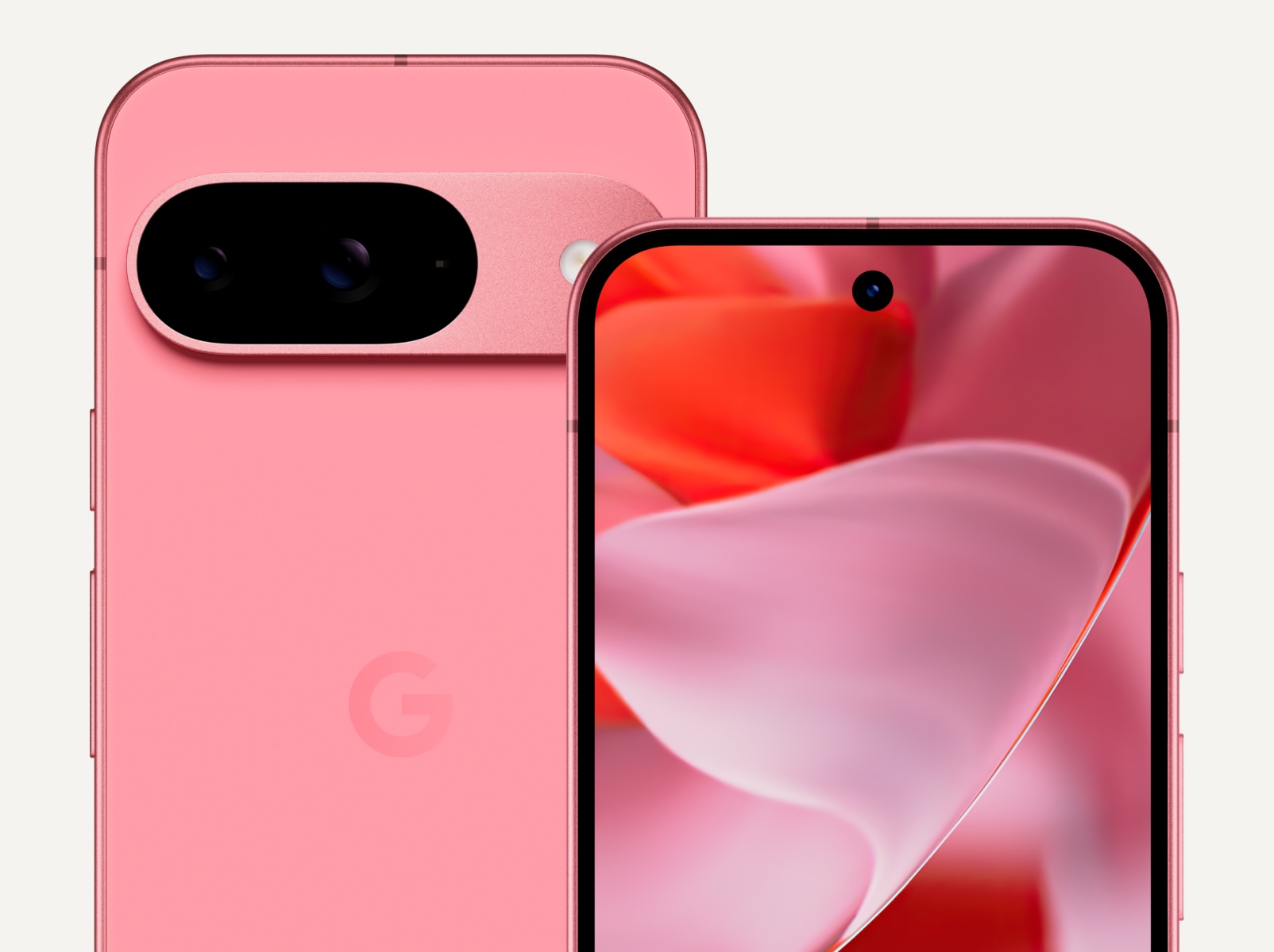 The front and back of Pixel 9 in Peony color. The back shows off its upgraded camera bump, while the front shows off its brilliant display.