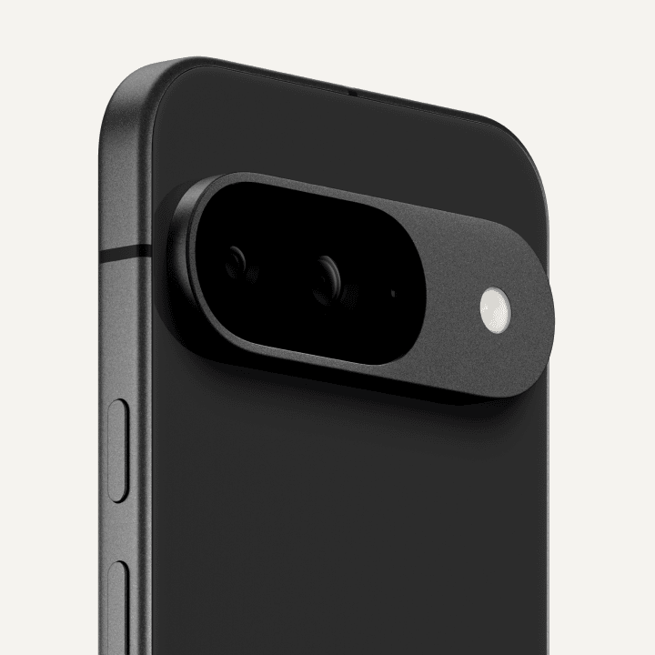 Angled close-up on the back of a Pixel 9 in Obsidian color.