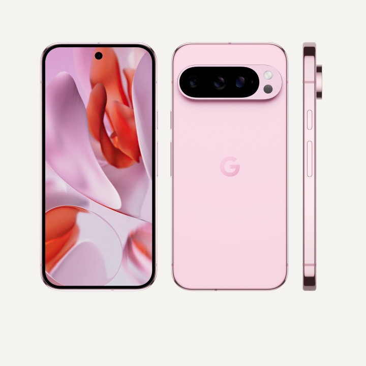 The front, back, and side of Pixel 9 Pro in Rose Quartz color. The back and side show off its upgraded camera bump, and the front shows off its brilliant display.