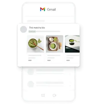 Exemple d’annonce de génération de la demande pour mobile dans l’application Gmail, comportant plusieurs images de matcha bio