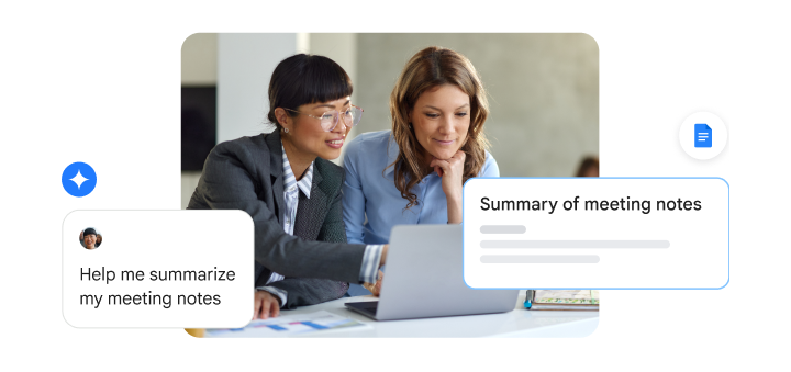 Two office workers at a laptop using Gemini to summarize meeting notes in Google Docs.