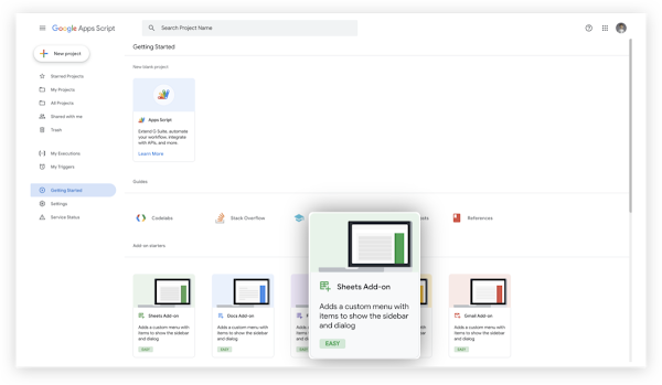 Laptop showing Apps Script platform with the Google Sheets Add-on selected.