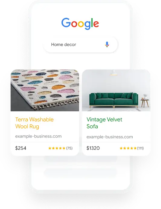 Illustration of a phone showing a Google search query for Home Decor that results in two relevant Shopping Ads.