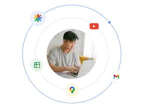 Một người đàn ông dang sử dụng máy tính xách tay, xung quanh là hình minh hoạ các loại định dạng quảng cáo của Google
