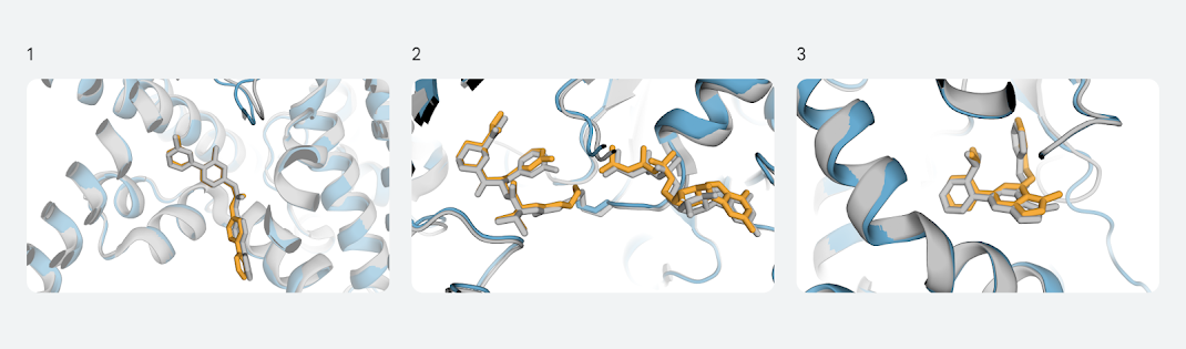 Three digitally rendered structure predictions for PORCN (left), KRAS (center), and PI5P4Kγ (right).