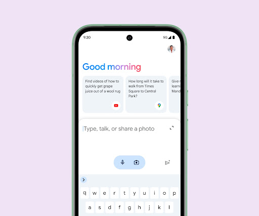 Gemini on a Pixel 8a greets the user with a "Good morning." The user can type, talk, or upload an image to interact with Gemini.