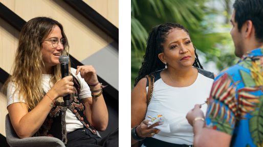 A girl speaking on the mic while sitting on a chair; A man and a woman talking with each other while eating