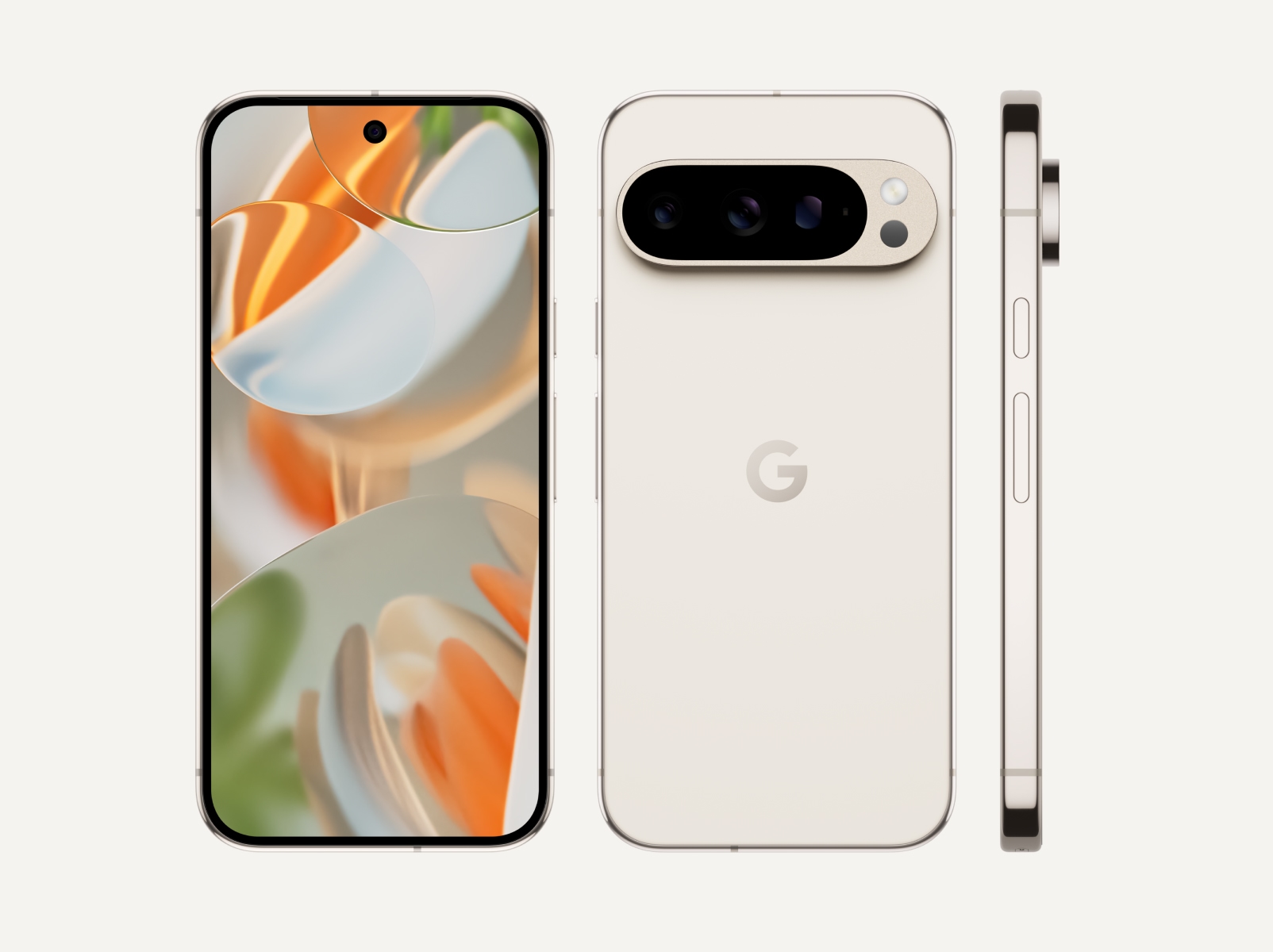 The front, back, and side of Pixel 9 Pro in Porcelain color. The back shows off its upgraded camera bump, the front shows off its brilliant display, and the side shows off its polished-finish metal frame.