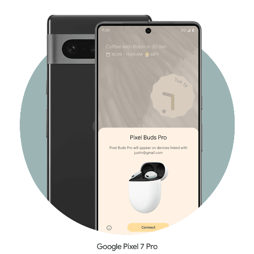 A Pixel 7 Pro  phone is pairing with some Android earbuds. Next to it is the closed, camera-facing back of the phone.