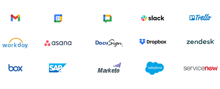 Più loghi di prodotti, come Gmail, Google Calendar, Google Chat, Slack, Trello, Workday, Asana, Docusign, Dropbox