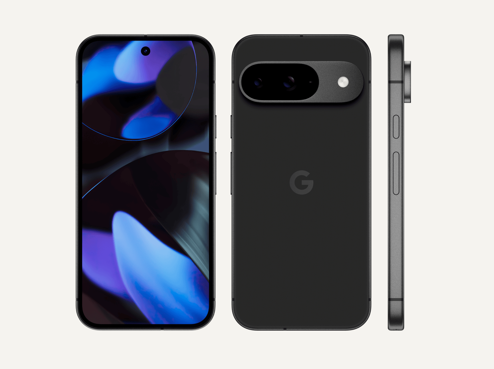 The front, back, and side of Pixel 9 in Obsidian color. The back shows off its upgraded camera bump, the front shows off its brilliant display, and the side shows off its satin-finish metal frame.