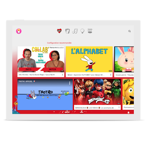 Écran montrant différentes vidéos pour enfants disponibles sur YouTube Kids