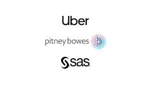 Uber、Pitney Bowes、SAS のロゴ