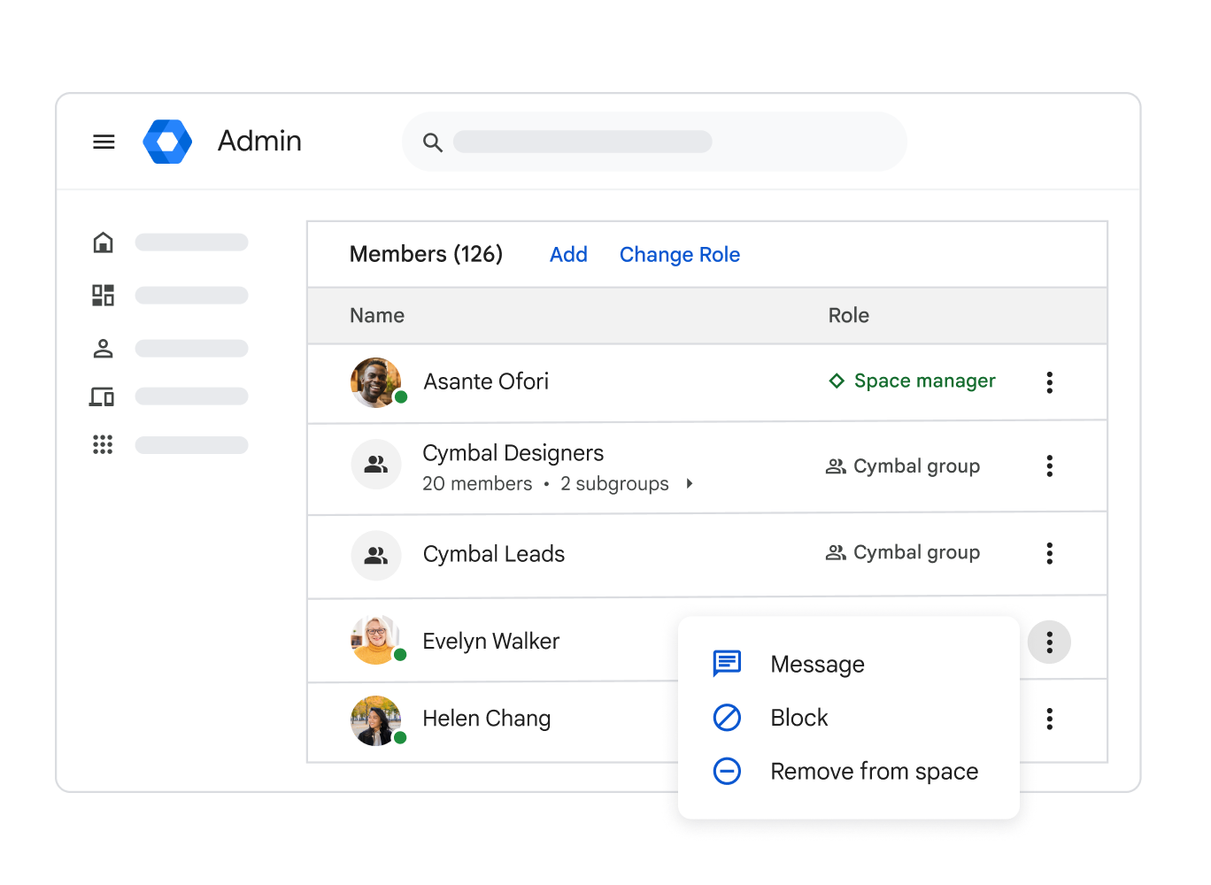 Workspace Admin console showing the integration available with Chat.