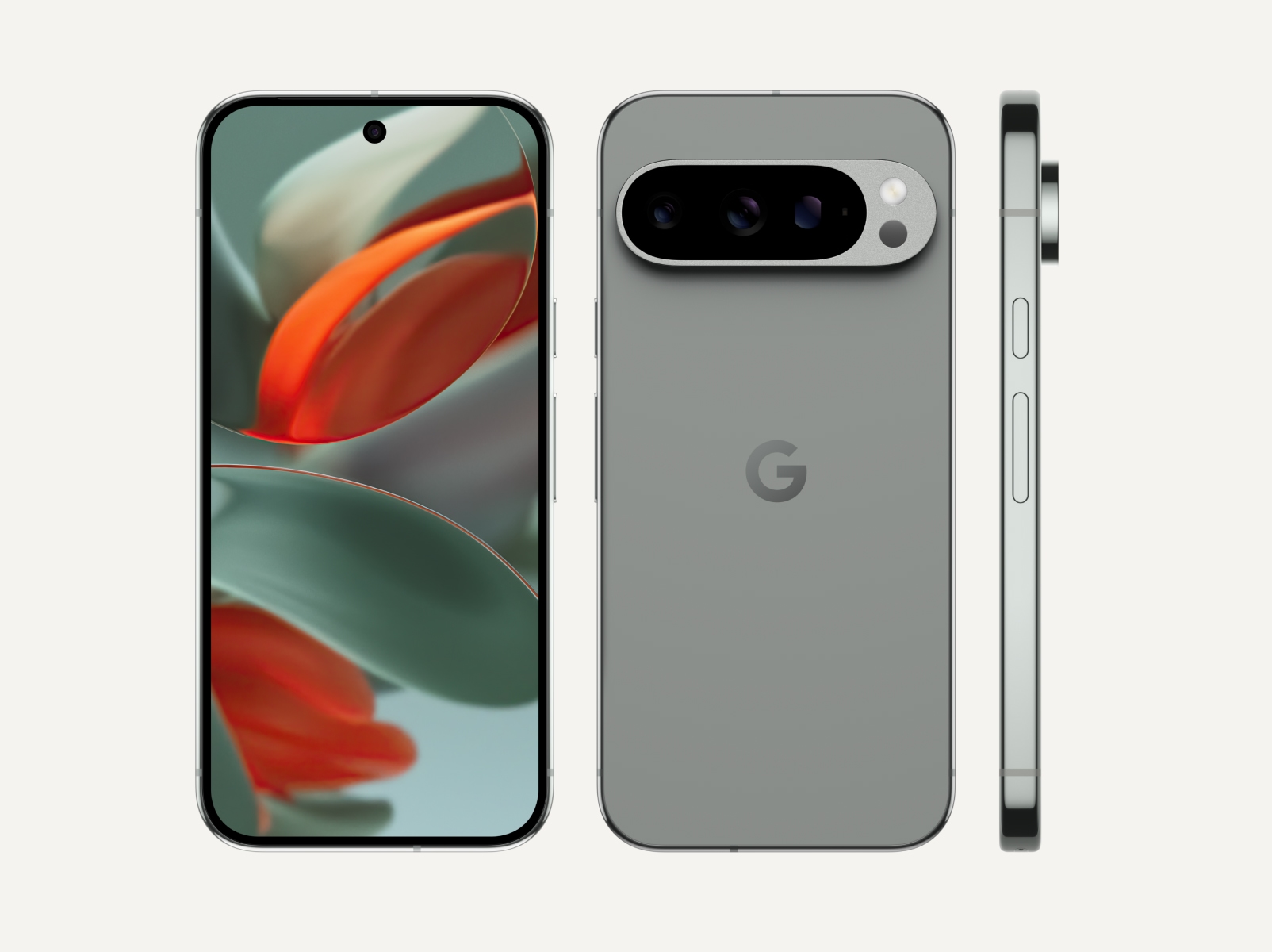 The front, back, and side of Pixel 9 Pro in Hazel color. The back and side show off its upgraded camera bump, and the front shows off its brilliant display.