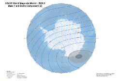 Magnetic Vertical Intensity at 2020.0 from the World Magnetic Model Antarctic Projection