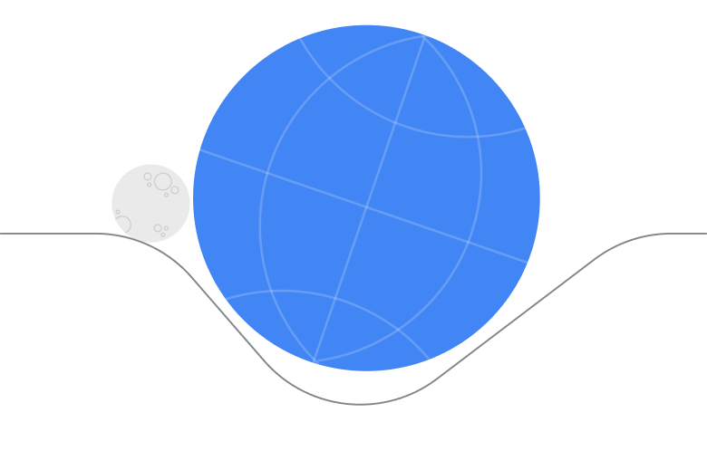 An illustration of an abstract blue globe and a smaller moon resting on top of a bent line.