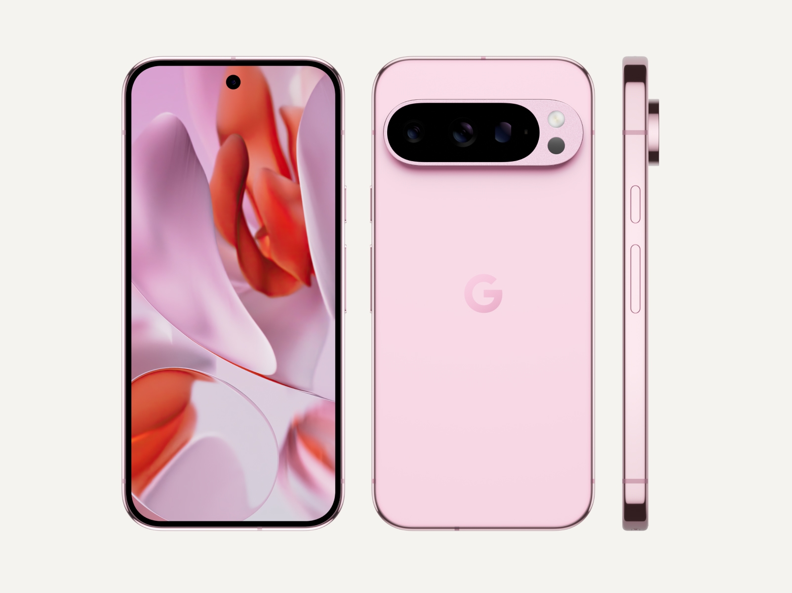 The front, back, and side of Pixel 9 Pro in Rose Quartz color. The back and side show off its upgraded camera bump, and the front shows off its brilliant display.