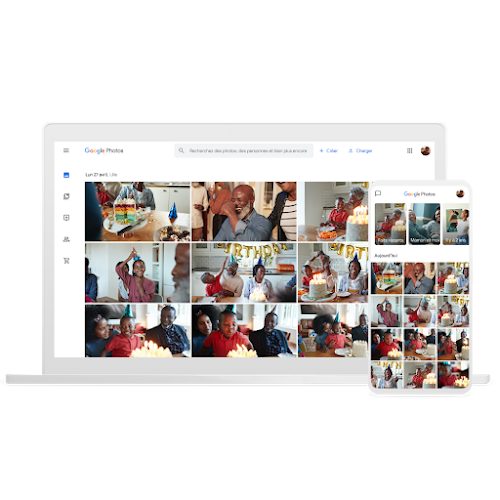 Ordinateur portable et téléphone sur lesquels Google Photos est affiché