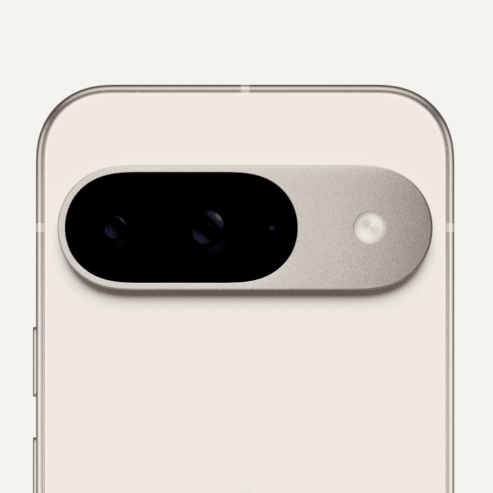 Close-up on the back of a Pixel 9 in Porcelain color.