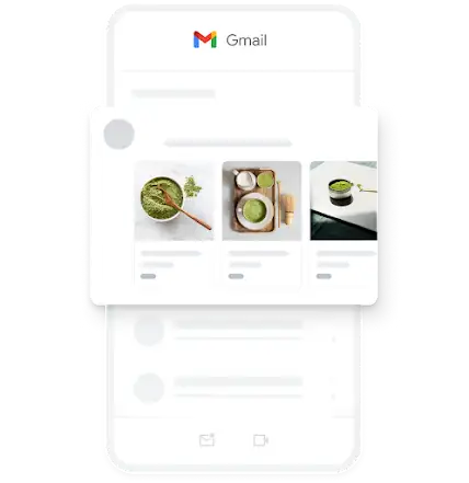 一则在 Gmail 应用中投放的移动需求开发广告的示例，其中展示了几张有机抹茶的图片。