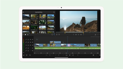 Une tablette affiche un écran de montage vidéo avec des prises de vue de randonnée dans l'application Lumafusion.