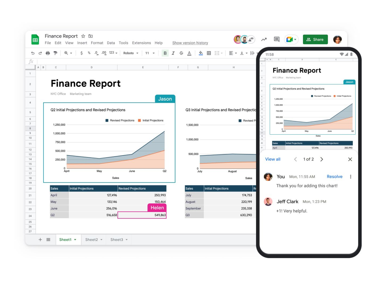 Rapport financier dans une feuille de calcul Google Sheets ouvert sur un écran d'ordinateur portable et de mobile 